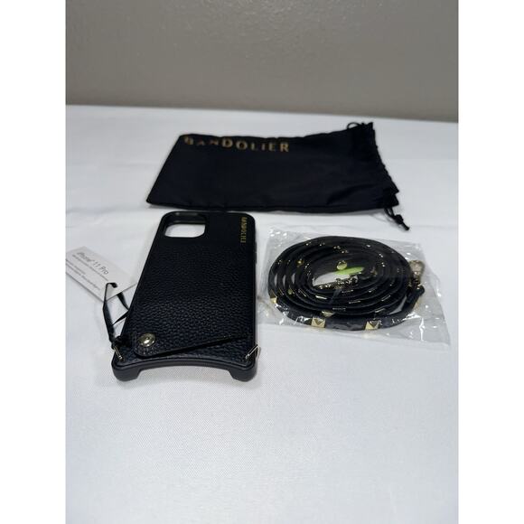 Bandolier For iPhone 11 Pro Emma Black Leather Gold Tone Studs Studded Strap NEW - Picture 1 of 4